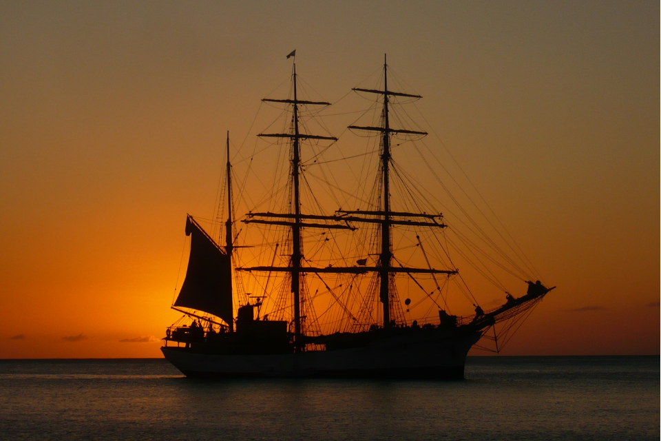 Pirate ship at sunset